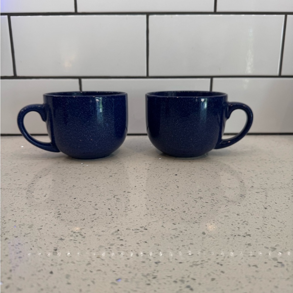 Pier 1 Imports Set of 2 Stoneware Speckled Blue Jumbo Soup or Cappuccino Mugs
